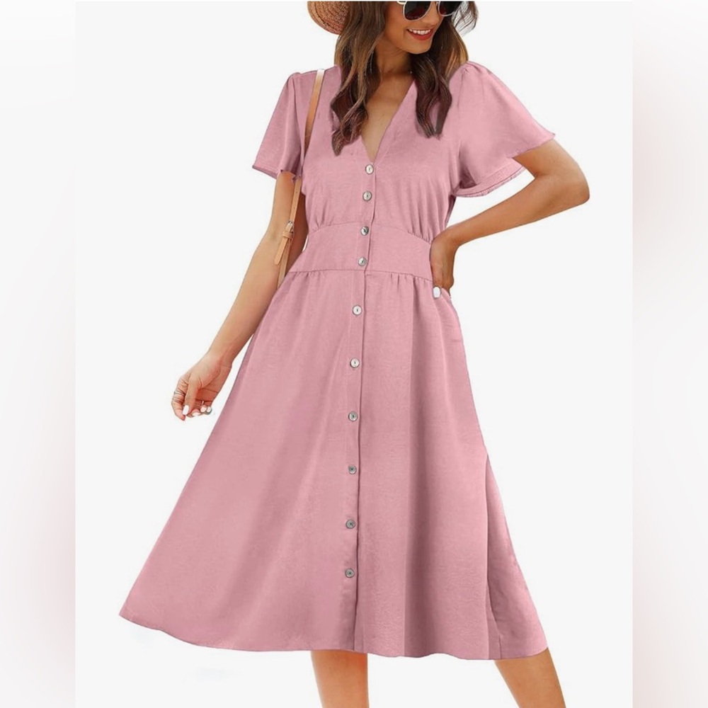 NWT Amazon ROYLAMP brand, size large, button down midi dress, pink v neck